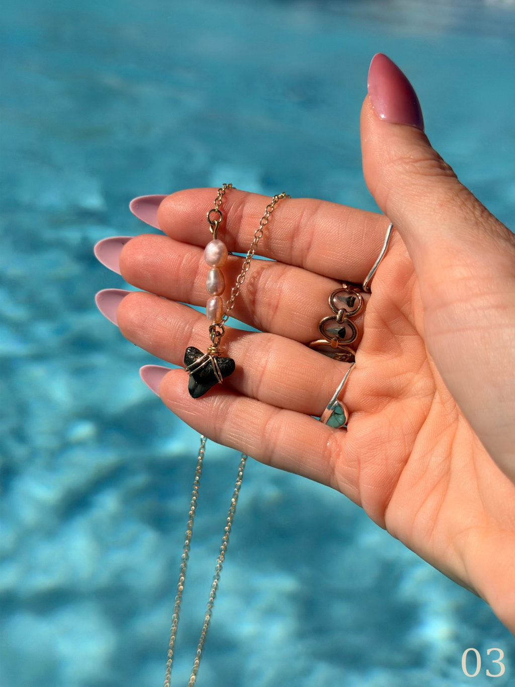 Leila - Gold Filled Shark Tooth Necklace with Pearls | Waterproof Coastal Ocean Jewelry