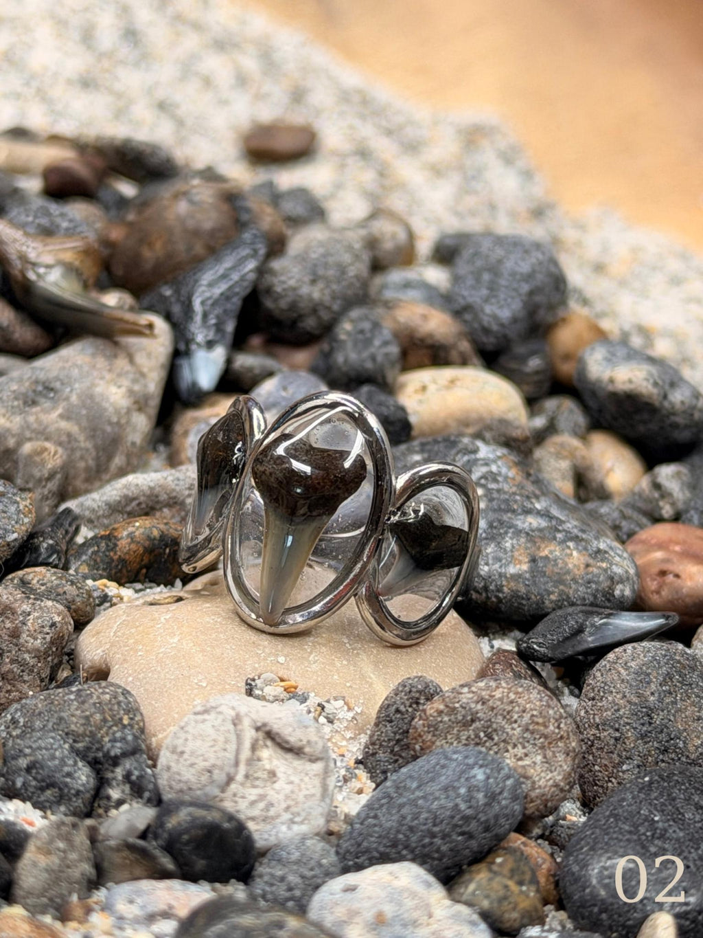 Talia - Triple Shark Tooth Ring • Resin Encased, Adjustable Stainless Steel, Ocean Jewelry