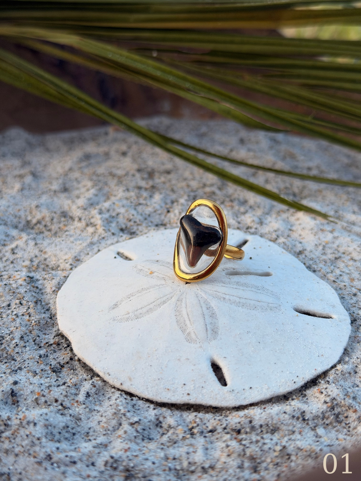 Heather - Gold Shark Tooth Ring • Authentic Florida Tooth, Coastal Jewelry, Waterproof, Adjustable
