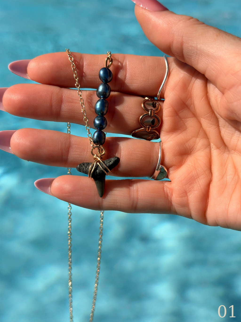 Leila - Gold Filled Shark Tooth Necklace with Pearls | Waterproof Coastal Ocean Jewelry
