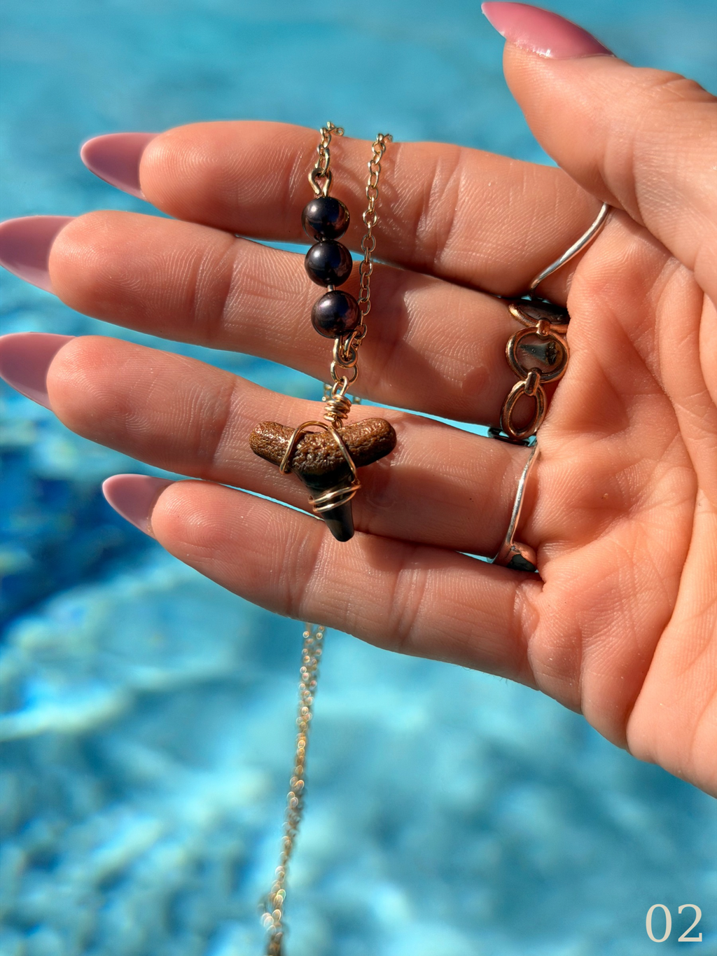 Leila - Gold Filled Shark Tooth Necklace with Pearls | Waterproof Coastal Ocean Jewelry