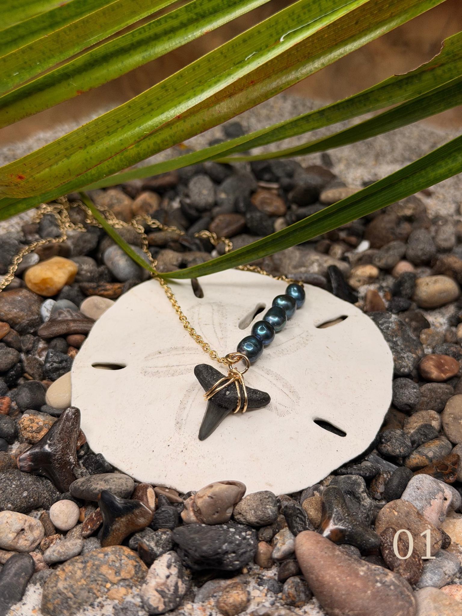 Leila - Gold Filled Shark Tooth Necklace with Pearls | Waterproof Coastal Ocean Jewelry