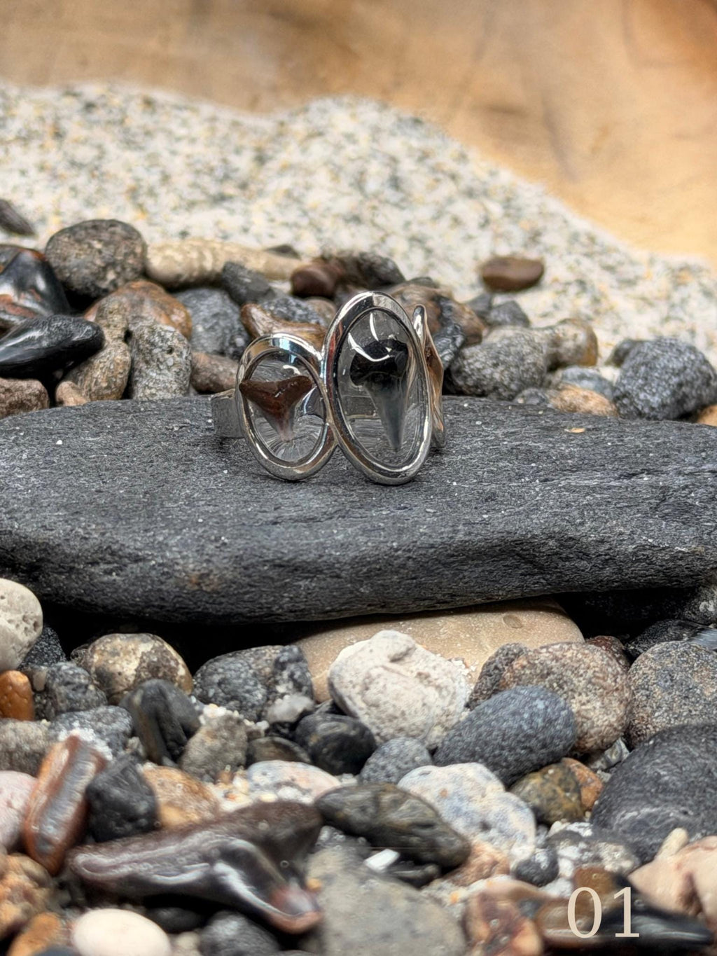 Talia - Triple Shark Tooth Ring • Resin Encased, Adjustable Stainless Steel, Ocean Jewelry