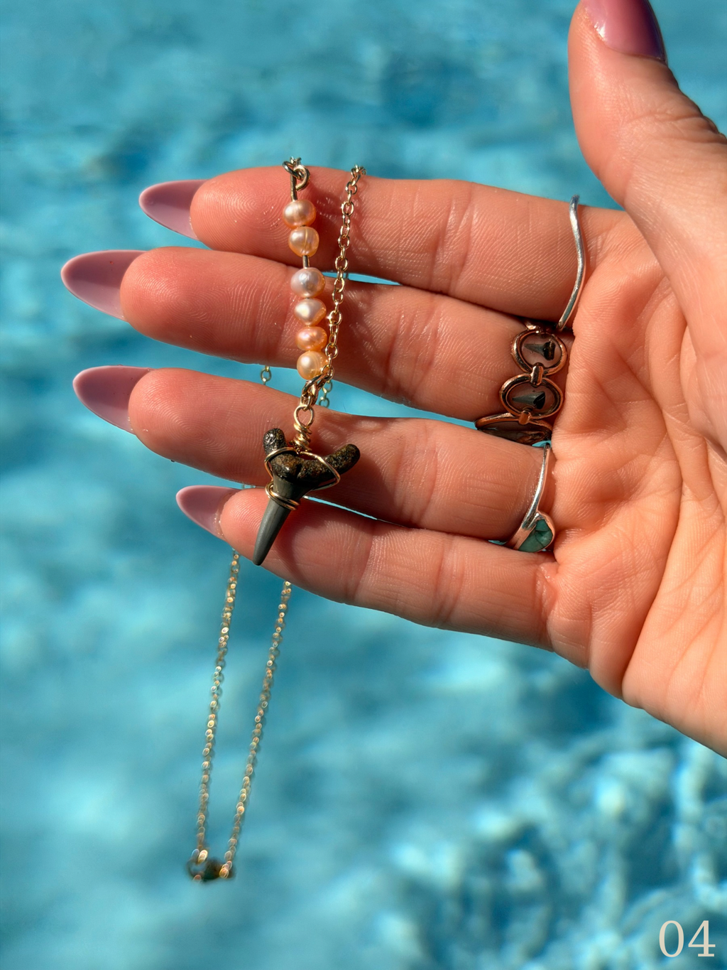 Leila - Gold Filled Shark Tooth Necklace with Pearls | Waterproof Coastal Ocean Jewelry