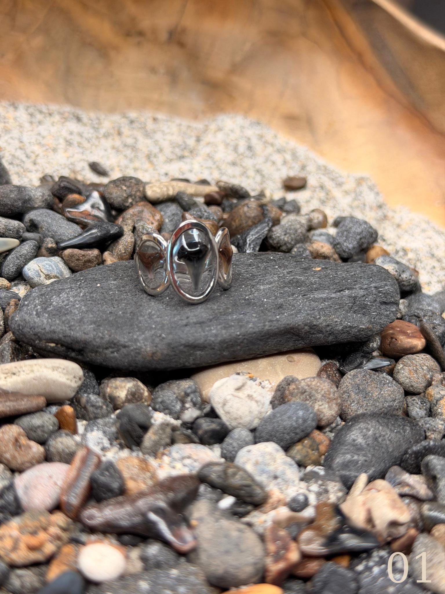 Talia - Triple Shark Tooth Ring • Resin Encased, Adjustable Stainless Steel, Ocean Jewelry