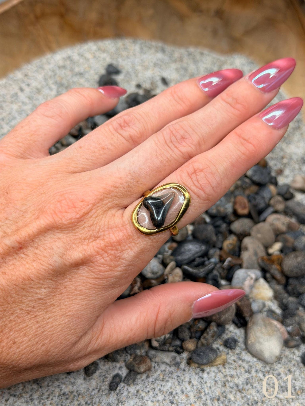 Heather - Gold Shark Tooth Ring • Authentic Florida Tooth, Coastal Jewelry, Waterproof, Adjustable