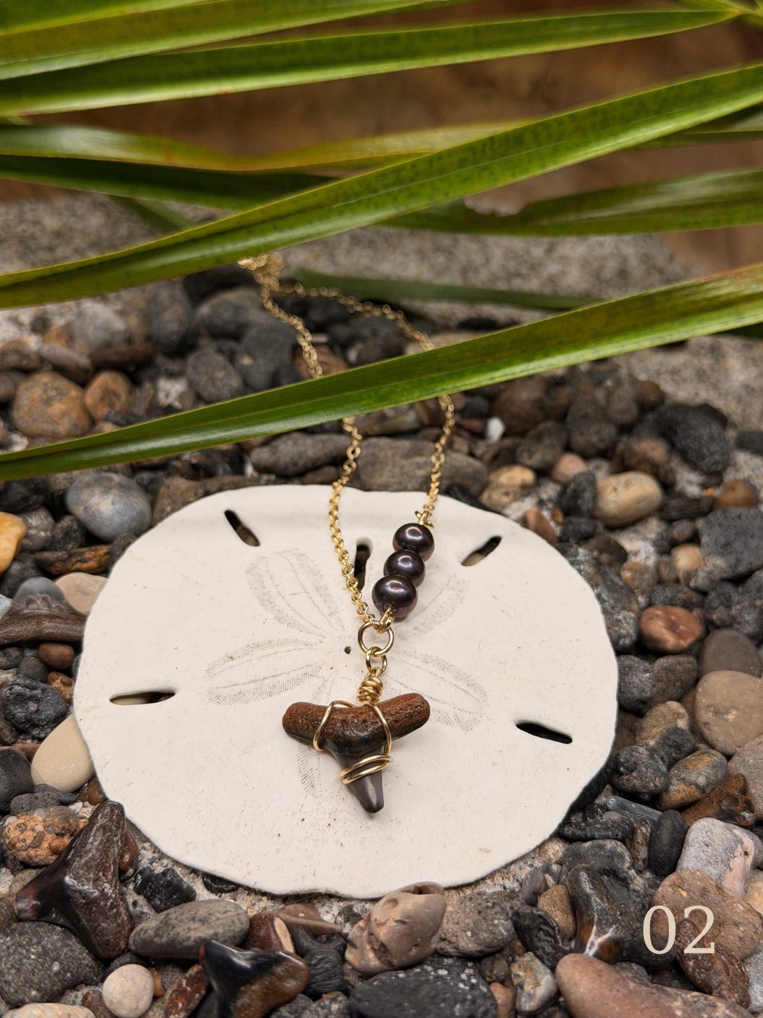 Leila - Gold Filled Shark Tooth Necklace with Pearls | Waterproof Coastal Ocean Jewelry